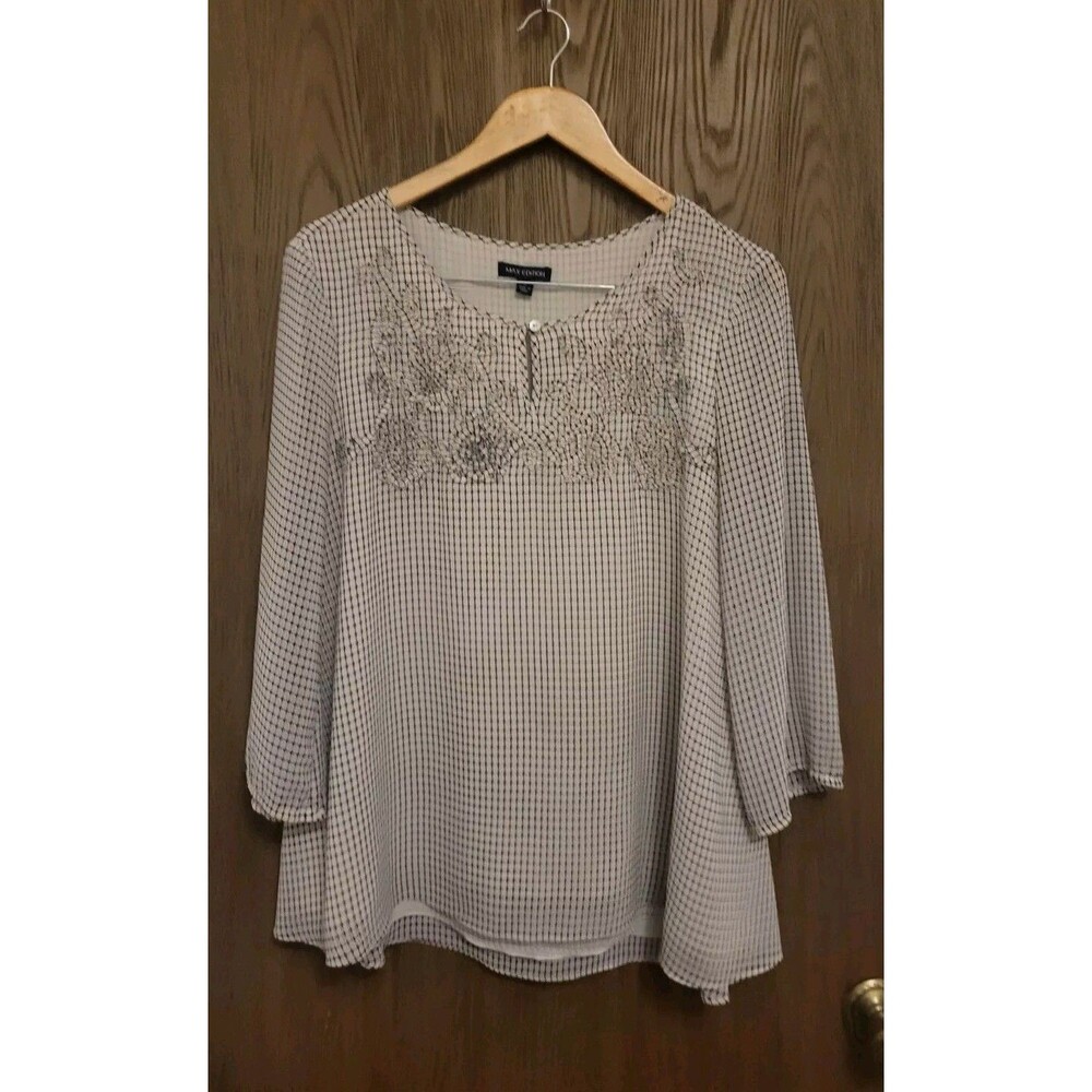 MAX EDITION Women's White/Black Long Sleeve Keyhole Neck Blouse Top Size Medium